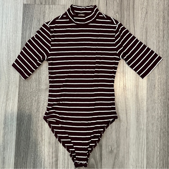 Forever 21 Tops - Forever 21 Maroon and White Striped Bodysuit